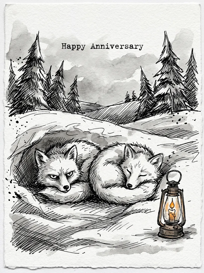 Ink and wash drawing of two small Arctic foxes curled up together in the snow, one asleep and one unimpressed, beside an old lantern with a single candle, captioned Happy Anniversary