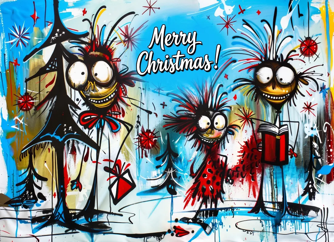 Three wild-haired cartoon birds with enormous eyes wearing festive accessories stand singing beneath stars and ornaments while holding a gift.