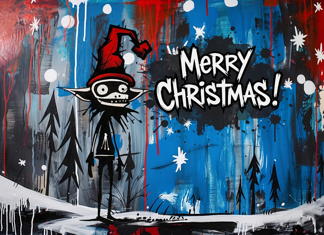 A wild-eyed stick figure creature wearing a Santa hat stands in a snowy forest with text reading Merry Christmas.