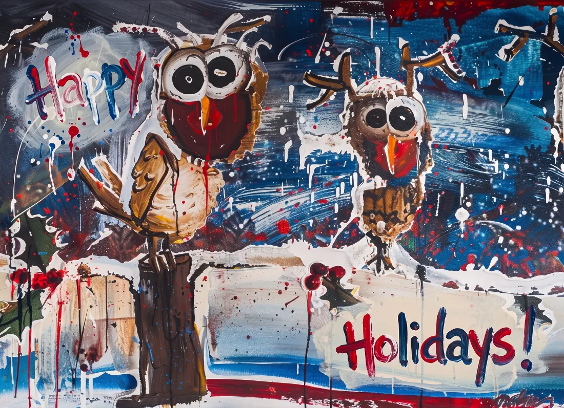 Two painted owls with large eyes and antlers perched on snowy branches, one next to a sign reading Happy and another next to a sign reading Holidays.