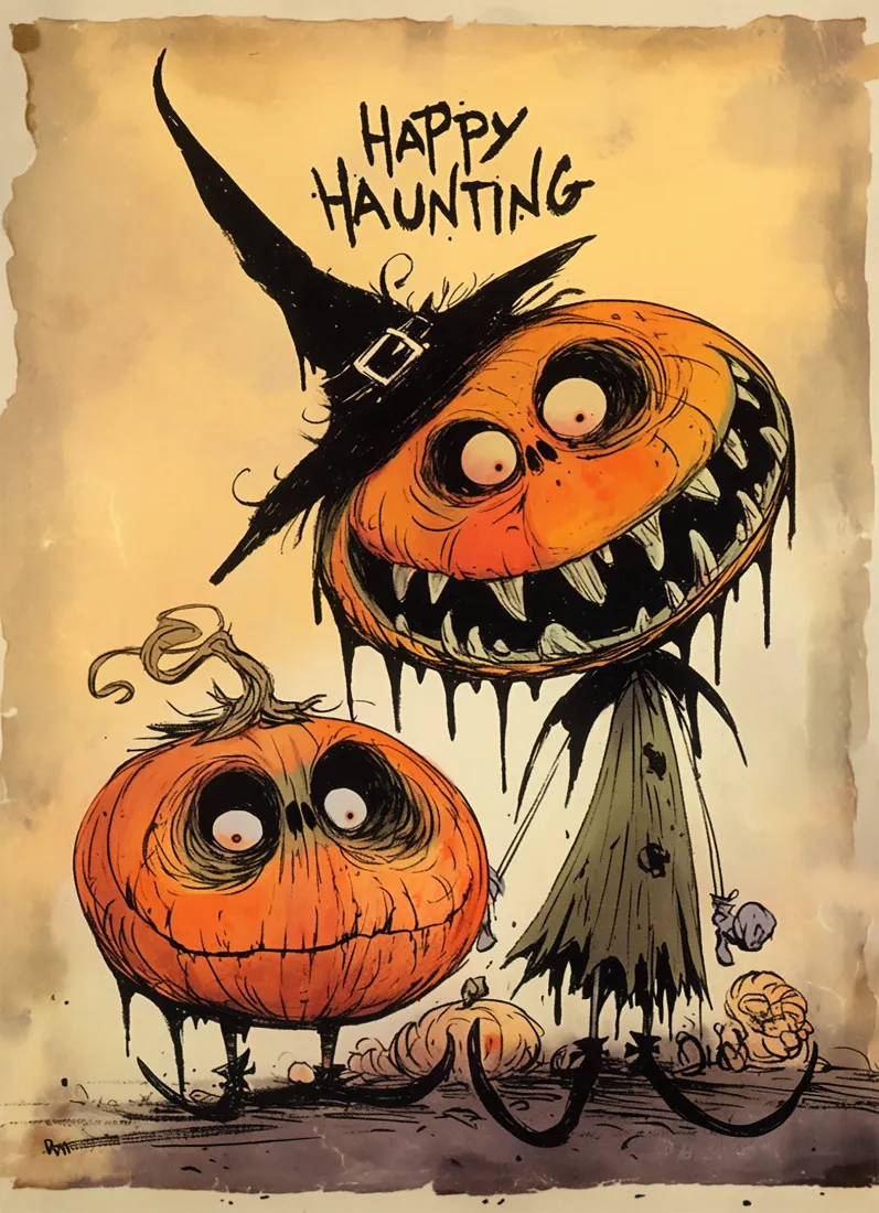Two grinning Halloween pumpkin creatures with wild eyes and sharp teeth, one wearing a witch hat, standing on spindly legs beside a small child figure.