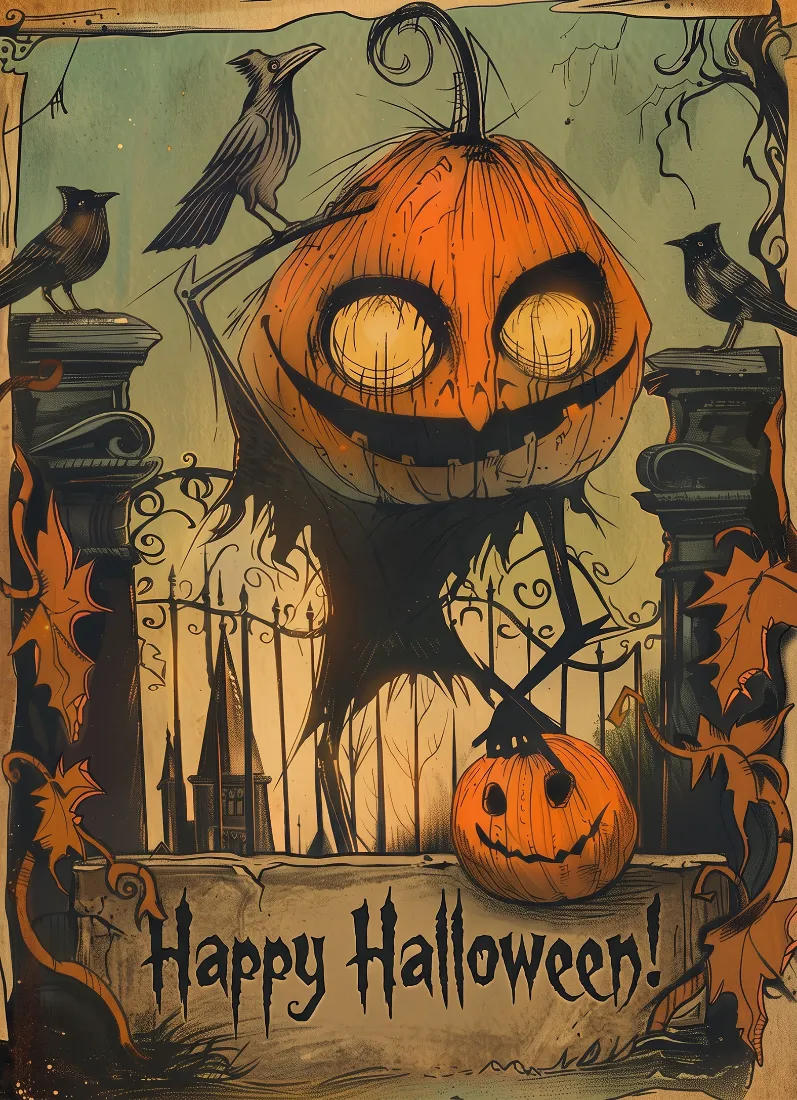 A smiling jack-o'-lantern scarecrow figure stands behind an iron gate with a smaller pumpkin, surrounded by four black birds perched on pillars and decorative scrollwork.
