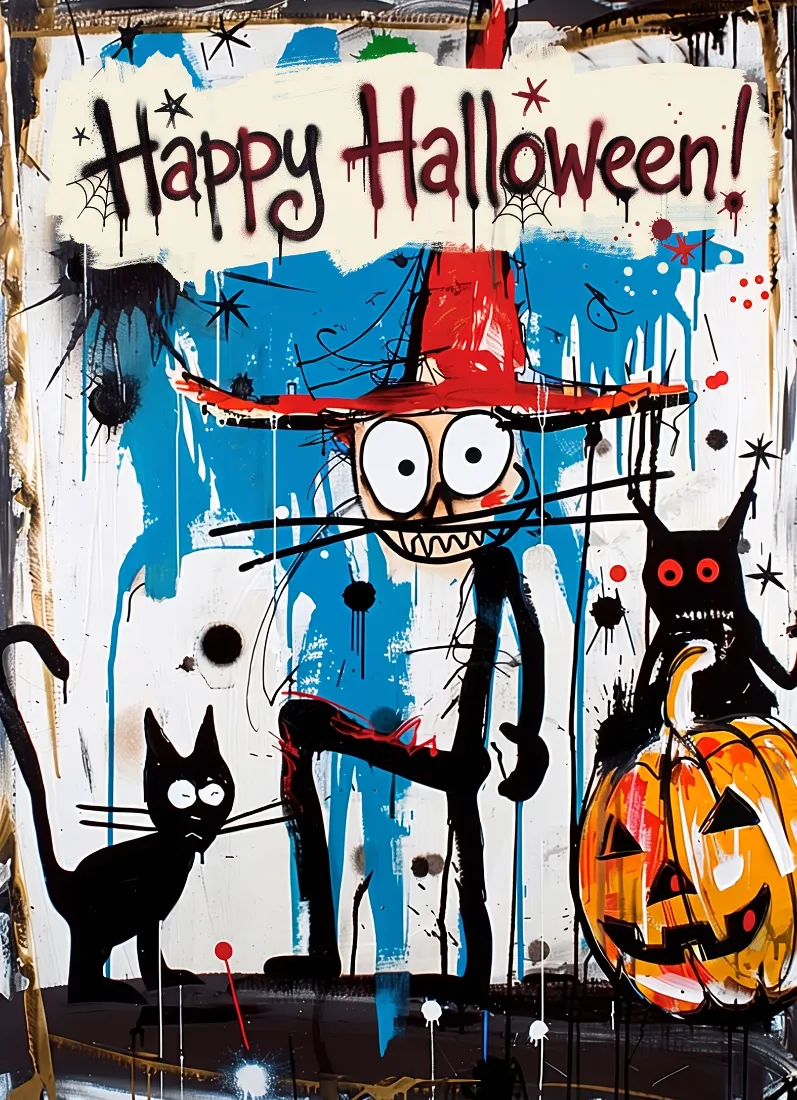 A chaotic scribble-art Halloween postcard showing a tall skeletal figure in a red hat with wide eyes and sharp teeth, flanked by black cats and a jack-o'-lantern against blue paint splatters.