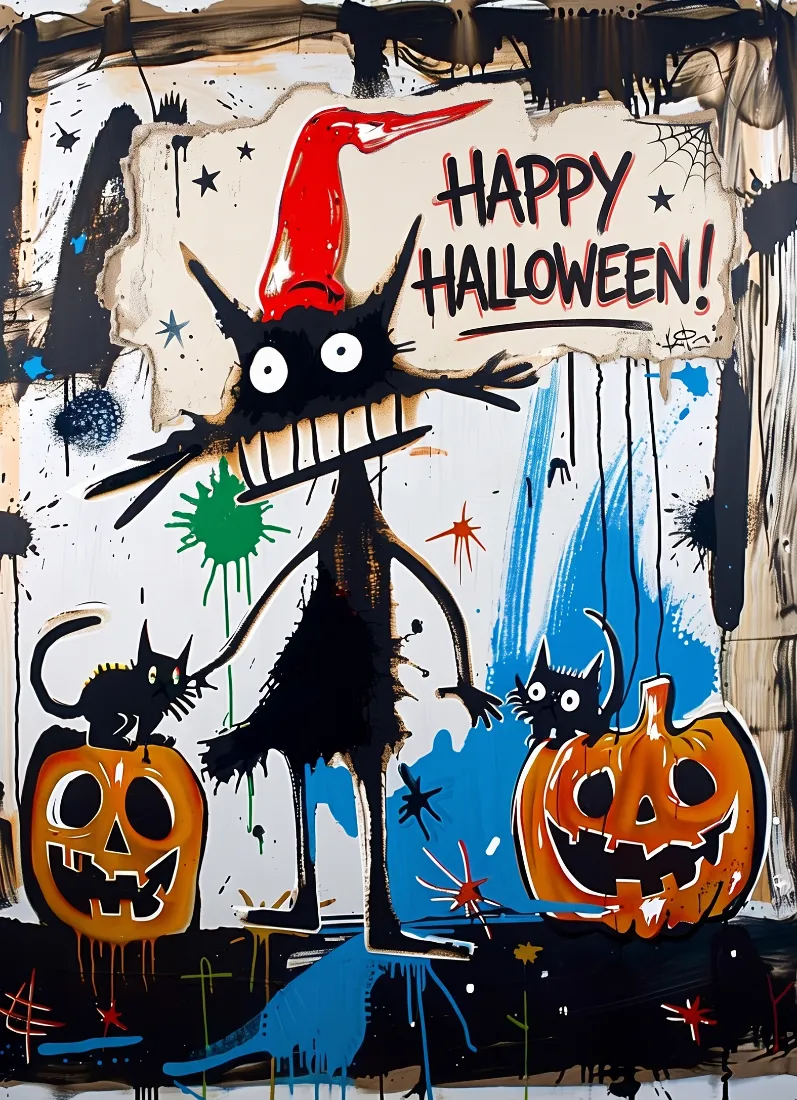 A chaotic scribble-art Halloween postcard showing a tall black cat in a red witch hat standing between two jack-o'-lanterns and a smaller black cat, with Happy Halloween text above.