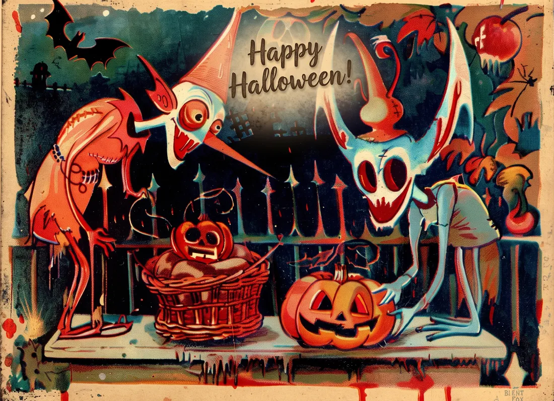 A Halloween postcard showing costumed creatures gathered on a porch with jack-o'-lanterns, candles, and a basket, beneath a Happy Halloween banner.