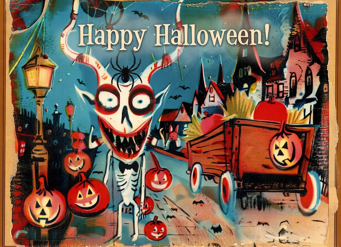 A skeleton figure with an oversized grinning skull head wearing a bow tie stands in front of a wooden wagon surrounded by jack-o'-lanterns, with haunted houses and bats in the background under a Happy Halloween banner.