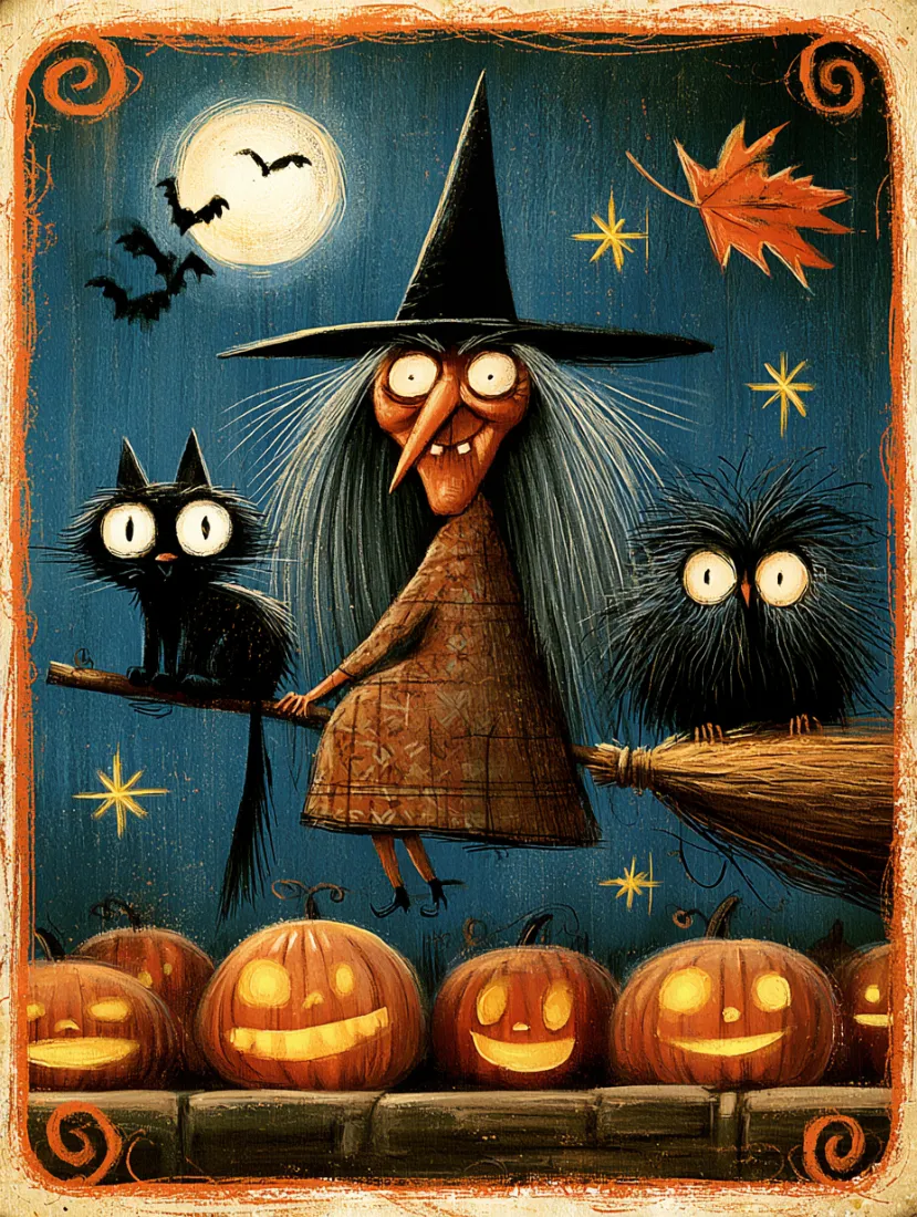 A witch in a pointed hat with wild gray hair holds a black cat and a small fuzzy creature while riding a broomstick, surrounded by flying bats, a full moon, stars, an autumn leaf, and five carved jack-o-lanterns below.