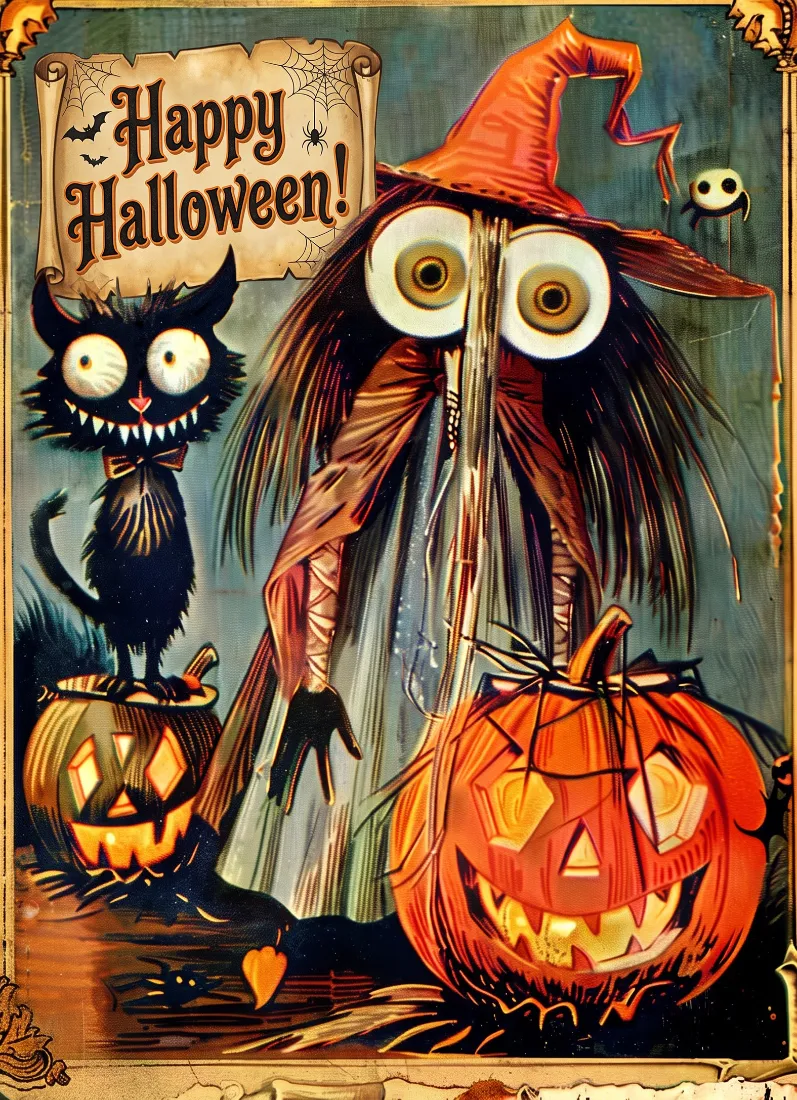 A tall owl wearing an orange witch hat stands beside a grinning black cat on a jack-o-lantern, with another jack-o-lantern nearby and a small ghost floating in the background, under a Happy Halloween banner.