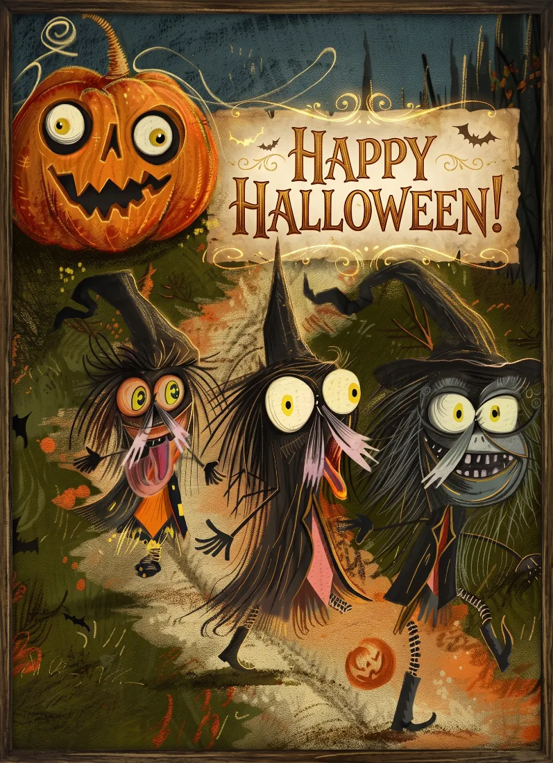 A Halloween postcard showing three witches in pointed hats with exaggerated expressions dancing beneath a grinning jack-o-lantern and a Happy Halloween banner with small bats.