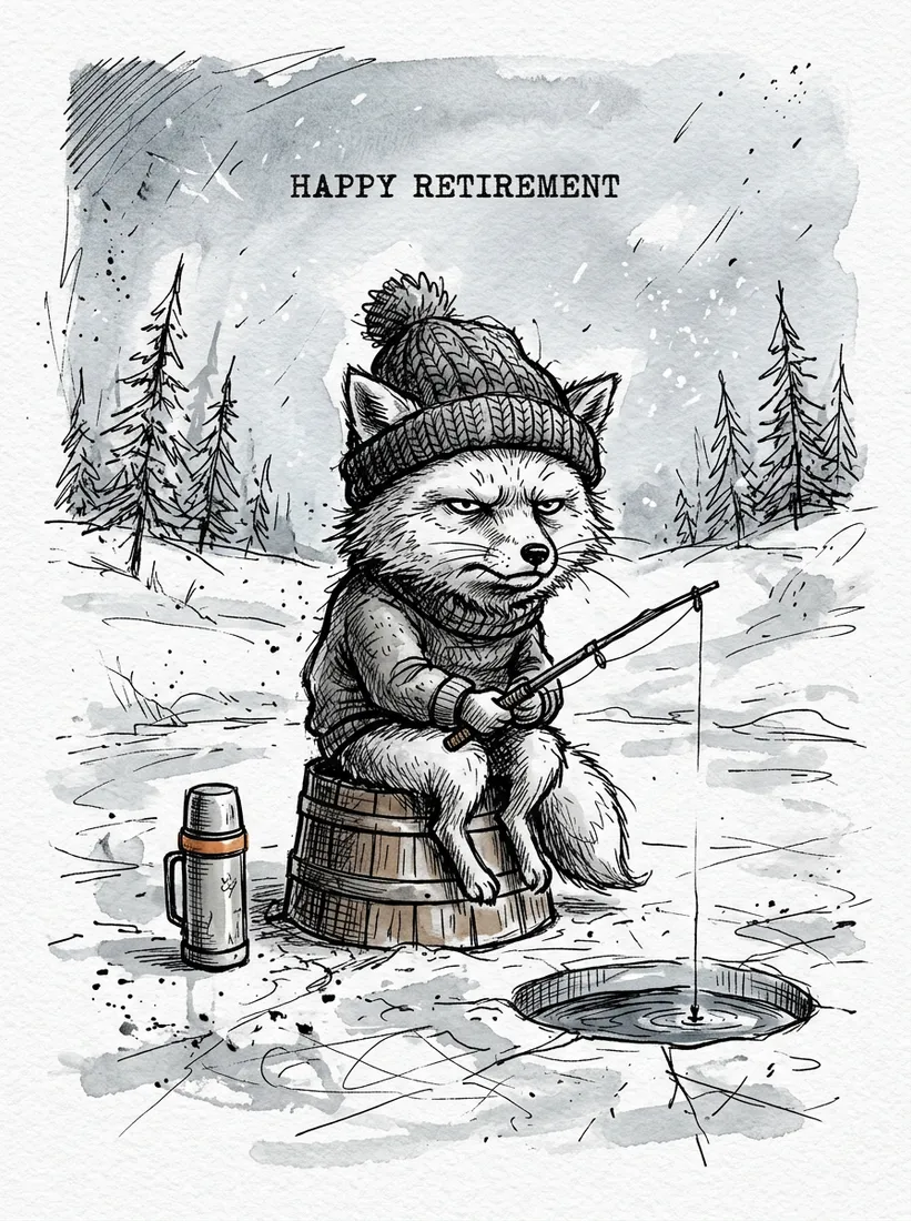 Ink and wash drawing of a small unimpressed Arctic fox in a knitted hat sitting on a bucket beside an ice-fishing hole with a short rod and a thermos, captioned Happy Retirement