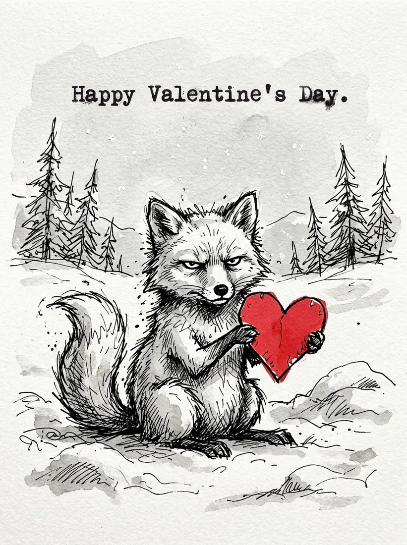 Ink and wash drawing of a small unimpressed Arctic fox in the snow holding up a lopsided red paper heart, captioned Happy Valentine's Day
